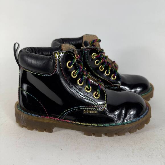 Dr. Martens Boots Kids 10 Black Patent Leather Lace-Up Round Toe Hiking - Picture 2 of 11